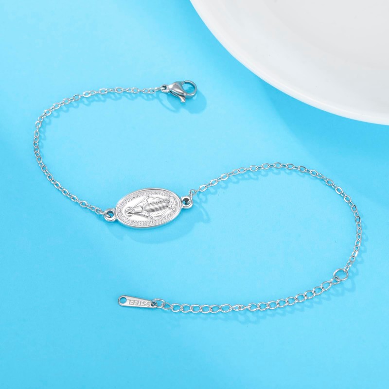 Amaxer Stainless Steel Double Sided Virgin Mary Pendant Bracelet Adjustable