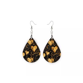 Twisted R Design Black and Gold Hearts Print Wood Dangle Teardrop Print Earrings Jewelry