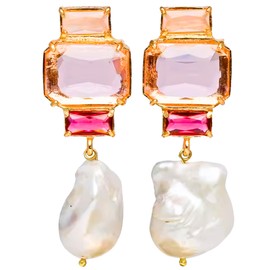Crystal Statement Drop Earrings, 18K Gold Plated, 4.4cm Drop French Inspired Exaggerated Formal Evening Wedding Jewellery (Pink)