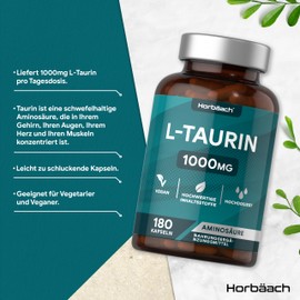Horbaach Taurine Capsules 1000 mg per Day 180 Amino Acid Pieces for 3 Months L-Taurine Amino Acid Capsules Alternative to Powder or Tablets High Dose