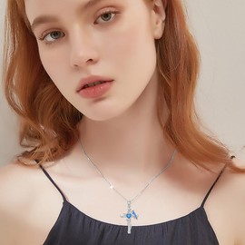 Reaii Blue Jay Necklace for Women 925 Sterling Silver Natural Swiss Blue Topaz Blue Jay Cross Pendant Our Love Never Dies Bird Jewelry Gifts for Mom Wife