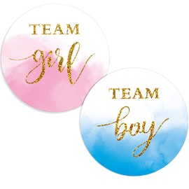 Lincia 100 Pieces Gold Watercolor Gender Reveal Stickers 2 Inches Gold Glitter Team Girl Team Boy Labels Pink and Blue Stickers for Gender Reveal Parties, Baby Showers, Party Invitations