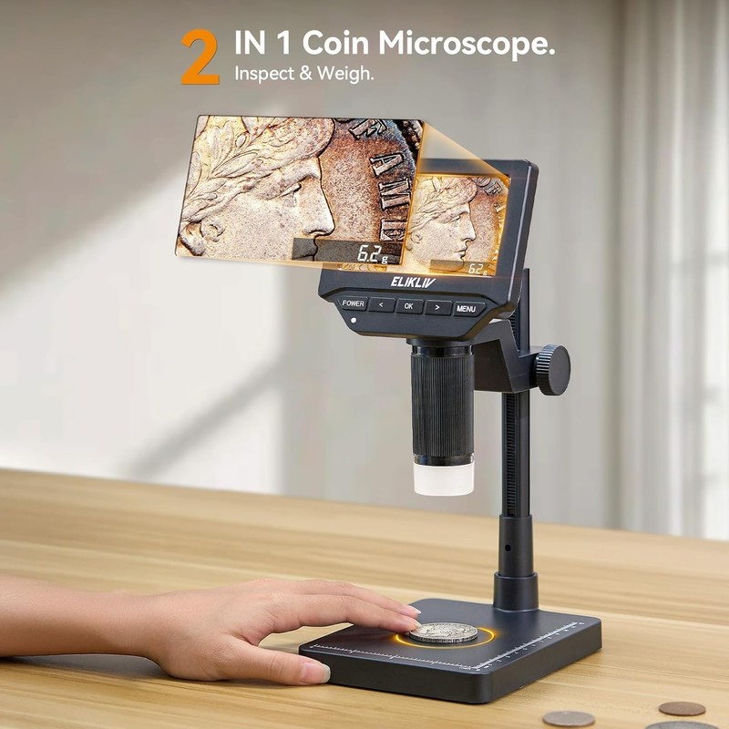 Elikliv EDM4C Coin Microscope with Scale：4.3" Digital Microscope with Adjustable