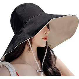 NEWKIBOU Sombrero de Sol para Mujer de ala Ancha UPF 50+ de Verano para Mujer Sombrero Anti-UV Sombrero de Playa para Mujer Sombrero de Verano con ala Ancha y cordón antitanque (Doble Cara Negra)