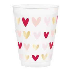 Slant Collections Valentine's Day Party Cups 8-Count Reusable BPA-Free Plastic Frost Cups, 16-Ounce, Hearts