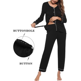 Ekouaer Maternity Pajama Set Button Down Nursing Pajamas Long Sleeve Breastfeeding Loungewear with Adjustable Pants Black