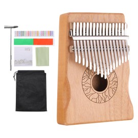 MECCANIXITY 17 Keys Thumb Piano, Brown Mini Portable Finger Piano Solid Koa-Wood Flower Pattern Handrail with Tune Hammer, Sheet Music Study Instruction for Gift Adults Beginners