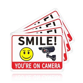 Baoswi 4 Pack Smile You're on Camera, 10 x 7 inch Rust Free Aluminum Video Surveillance Signs, UV Ink Printed for Home, Business, and Outdoor Surveillance - Security Signs for Yard and Property