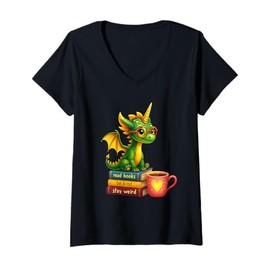 Womens Book Lover Fantasy Dragon with Books Bookworm V-Neck T-Shirt