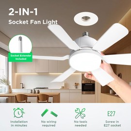 TUXOIUBA Socket Ceiling Fan Light with Remote and 1 Socket Extender, E26/E27 Based Easy Install, 3 Color Stepless Dimming, 3 Speeds, Dimmable LED for Bedroom, Kitchen and Living Room