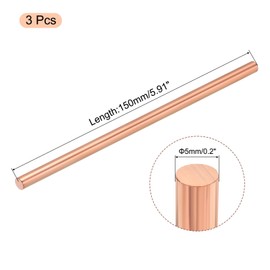 sourcing map Pack of 3 Pure Copper Rod, 0.2 Inch Diameter, 6 Inch Length, Solid Copper Rod, Lathe Bar for DIY Metal Crafts and Hobbies