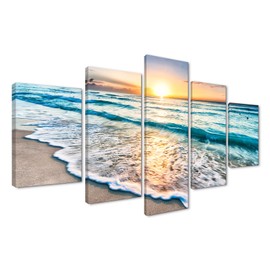 5 PCS Canvas Blue Ocean Sunrise Artwork Modern Painting,Seascape Beach HD Prints Pictures Giclee Multi Panel Wall Art for Living Room Home Decor Wooden Framed Stretched Ready to Hang(60''W x 32''H)
