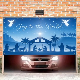 HOMETITUTE Christmas Garage Door Banner 13x6ft Joy to The World Nativity Blue Theme Backdrop Banners for Outside Indoor Winter Door Cover Garage Wall Covering for Party Garage Decorations