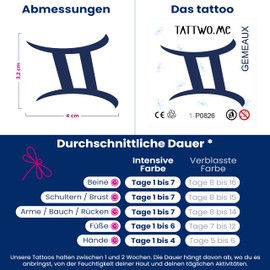 Tattwo.me 2 Week Waterproof Temporary Plant Tattoos - Gemini Zodiac Sign - EU Compliance - Vegetable Ink - Tattoo Pad Size: 5 x 5cm (P0826)
