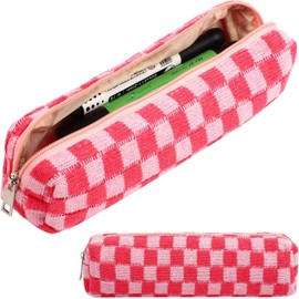 Small Pencil Pouch Plaid Makeup Bag, Knitted Cosmetic Bag Checkered Makeup Bag, Coin Pouch Office Stationery Organizer for Teen School (Pink)