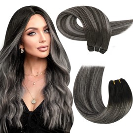 Moresoo 60 cm Hair Extensions Real Hair Wefts for Sew-In Balayage Colour #1B Natural Black to Silver Remy Weft Extensions Real Hair Silky Straight Hair Extensions 100 g / Pack