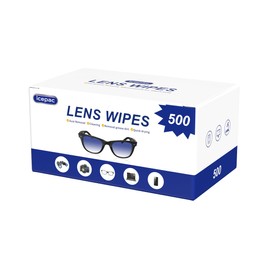 Icepac Lens Wipes for Eyeglasses - 500 Pre-Moistened Individual Wrapped Eye Glasses Cleaning Wipes | Glasses Cleaner Safely Cleans Glasses, Sunglasses, Phone Screen, Electronics & Camera Lens