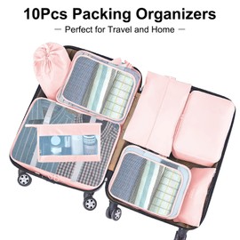 Suitcase Organiser Set, 10 Pieces Packing Cubes for Suitcase Travel Accessories Suitcase Organiser Set Clothes Bags Packing Cubes Cosmetic Travel Organiser Packing Bags for Suitcases (Pink)