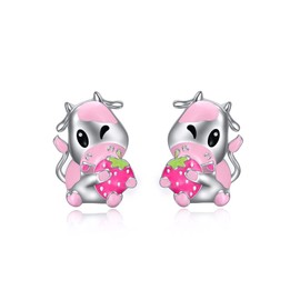 ONEFINITY Cow Earrings Sterling Silver Strawberry Cow Stud Earrings Animal Lover Jewelry Birthday Gifts for Women Girls