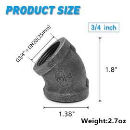 3/4" 45-degree elbow, Home TZH 20 Pack Female Threaded 45-degree Malleable Cast Iron Connector Pipe Fitting for Industrial Vintage Style DIY Project/Furniture/Shelving Decoration (20, 3/4")