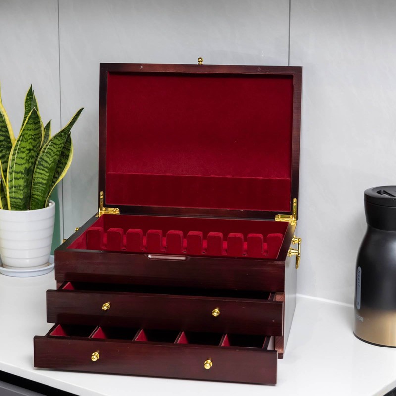 GENRICE Wooden Silverware Chest without Silverware Three-layer, Silverware Box Storage