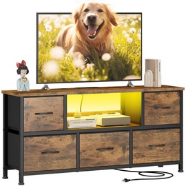 Lulive TV Stand for Bedroom, LED Rustic Brown Dresser for Living Room with 5 Fabric Drawers, 43 50in TV Stand with Power Outlet, Entertainment Center with Open Shelf