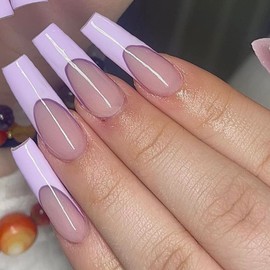 MERVF Long Press on Nails Coffin French Fake Nails Tip Purple Ballerina Acrylic Nails Glossy 24pcs False Nails for Women and Girls