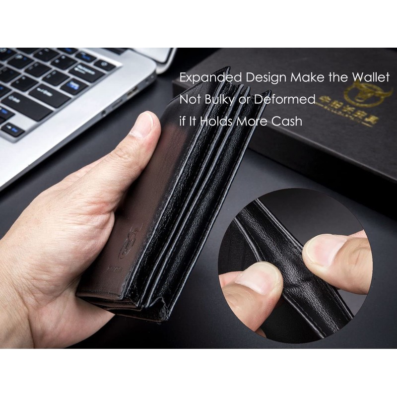 BULLCAPTAIN Men Leather Wallet RFID Blocking Antimagnetic Genuine Leather 15