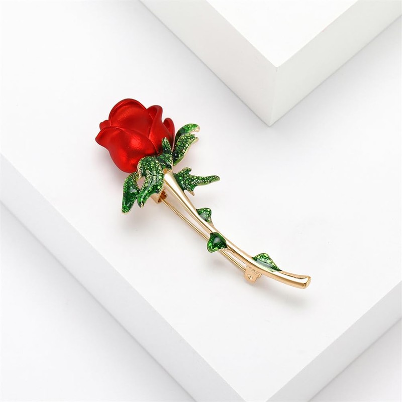 Rhinestone Rose Flower Brooch Pin for Women Red Floral Brooch