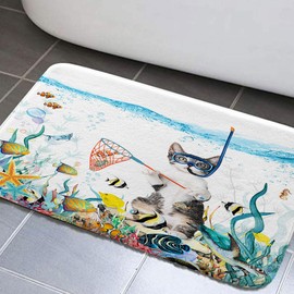 Funny Cat Bath Mat Bath Rugs, Cat Diving Bath Rugs Tropical Fish Bath Mat Rugs Teal Blue Ocean Bath Mat Coral Underwater Sea Animal Non-Slip Bath Mats for Bathroom Floor, Tub and Shower, 17x29Inches
