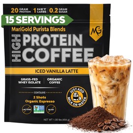 MariGold- Café Alto en Proteínas Latte Helado de Vainilla, 20g Aislado de Proteína de Suero Alimentado con Hierba, Energy  Workout Boo                