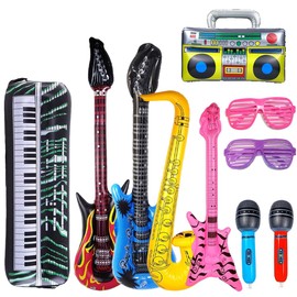 10 Pieces Inflatable Music Instrument Party Props Set Includes Saxophone, Bass, Microphone, Rock Electric Guitar and Recorder for All Music-Themed Gatherings