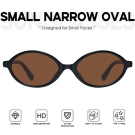 mosanana Trendy Oval Sunglasses for Women 2025 Small 90s Retro Vintage Cute Fashion Cool Thin Skinny Narrow Tiny Black Frame Brown Lens MS52477
