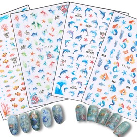 SIMAYKUWA Nail Stickers Summer Ocean Theme - Mermaid Dolphin Sealife Designs, Waterproof Nail Art Decals（4 Sheetss）