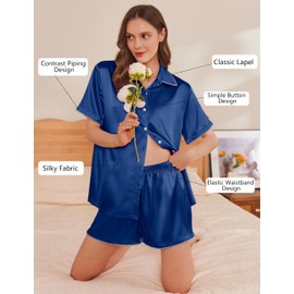 Ekouaer Silky Satin Pajamas Sets for Womens Short Sleeve Button Down Sleepwear 2 Piece Lounge Set Pjs Shorts Summer Outfits Baby Blue