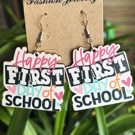 Colorful Teacher Students Earrings First Day of School Acrylic Wooden Letter Drop Earrings Back to School Teacher Appreciation Gifts-A