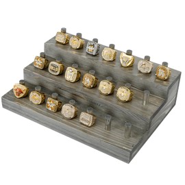 MyGift 21 Peg Vintage Weathered Gray Solid Wood Ring Holder Table Display, 3 Tier Jewelry Storage Wooden Stand for Sports Championship Collectible Fan Rings