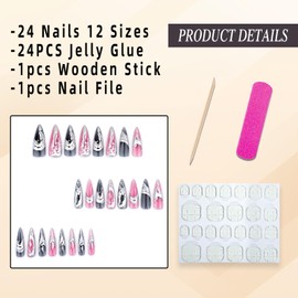 Jremg Silver Solution Press on Nails Long Stiletto Fake Nails 3D Bronzing Silver Stick on Nails Goth False Nails Glossy Irregular Liquid Sharp Glue on Nails Reusable Acrylic Nail for Women Girls 24Pcs