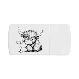 'Sleepy Highland Cow Cuddling with Plush Bunny' Pill Box with Tablet Splitter (PI00034056)