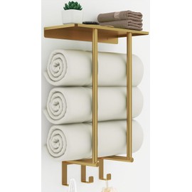 Towel Rack with Metal Shelf and 3 Hooks, Bethom Towel Racks for Bathroom Wall Mounted, Metal Gold Bath Towel Holder Storage Wall for Small Bathroom
