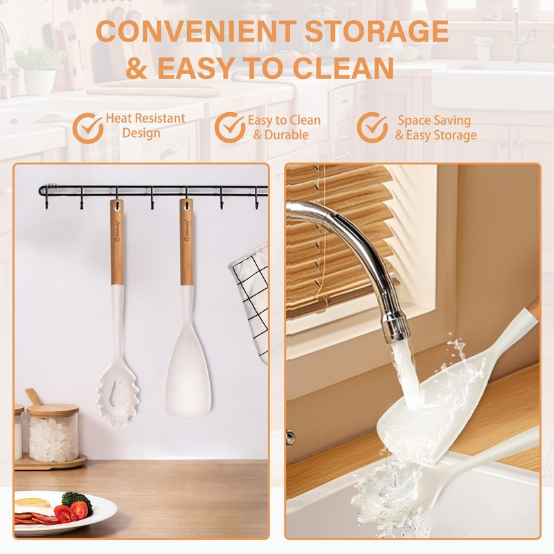 Silicone Cooking Spoon and Pasta Fork Set, 2 Pack Large