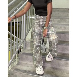 LaurelTree Camo Cargo Pants Straight Wide Leg Trousers Jeans Joggers Sweatpants with Pockets Stretch Fabric Woman Man Camo 03 M