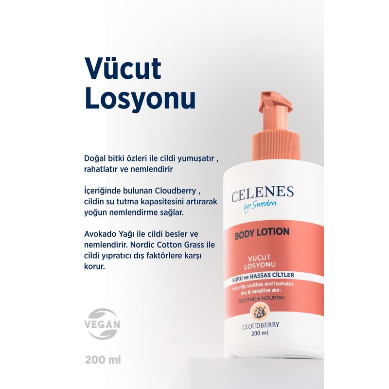 Celenes Cloudberry Vücut Losyonu Kuru/Hassas Ciltler Parfümsüz (200 ml)