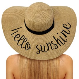 Floppy Beach Hats for Women Straw Sun Hat Foldable Wide Brim Embroidered Roll up for Summer Honeymoon Vacation Travel UPF 50+ Khaki