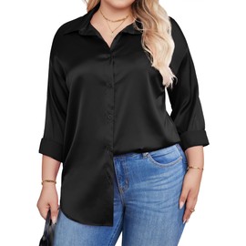 IN'VOLAND Womens Plus Size Satin Blouse Button Down Shirts Casual V Neck Long Sleeve Office Work Tops Black