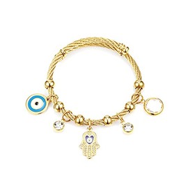 COLORFUL BLING Polished Stainless Steel Turkish Lucky Symbol Fatima Hands Bangle Crystal Zircon Evil Eye Wrap Braclet for Women Protection Jewelry-light blue