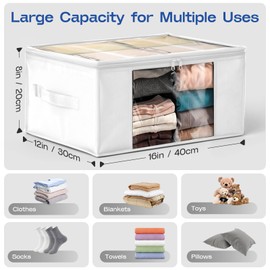 Clothes Storage Bags, Foldable Thick Fabric Blanket Storage Bags, Large Clear Window & Carry Handles, Great for Clothes, Blankets, Closets, Pillows, Toys (White, 6PACK)