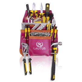 LAUTUS Oil Tanned Leather Tool Pouch Bag |Burgundy |Carpenter, Construction, Framers, Handyman | 10 Pockets, 2 Hammer Holders | 100% Leather