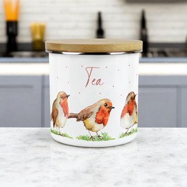 Purely Home English Robins Tea Canister - White Metal Enamel Kitchen Food Storage Container
