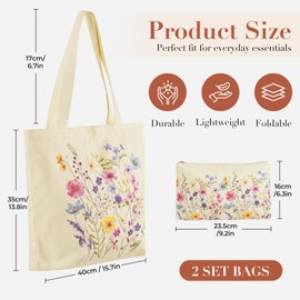 BROADREAM 2 Pack Aesthetic Tote Bag for Women with Zipper Inner Pocket - Reusable Flower Canvas Bag Cute Shoulder Bag for Shopping, Grocery, Work(Flower)